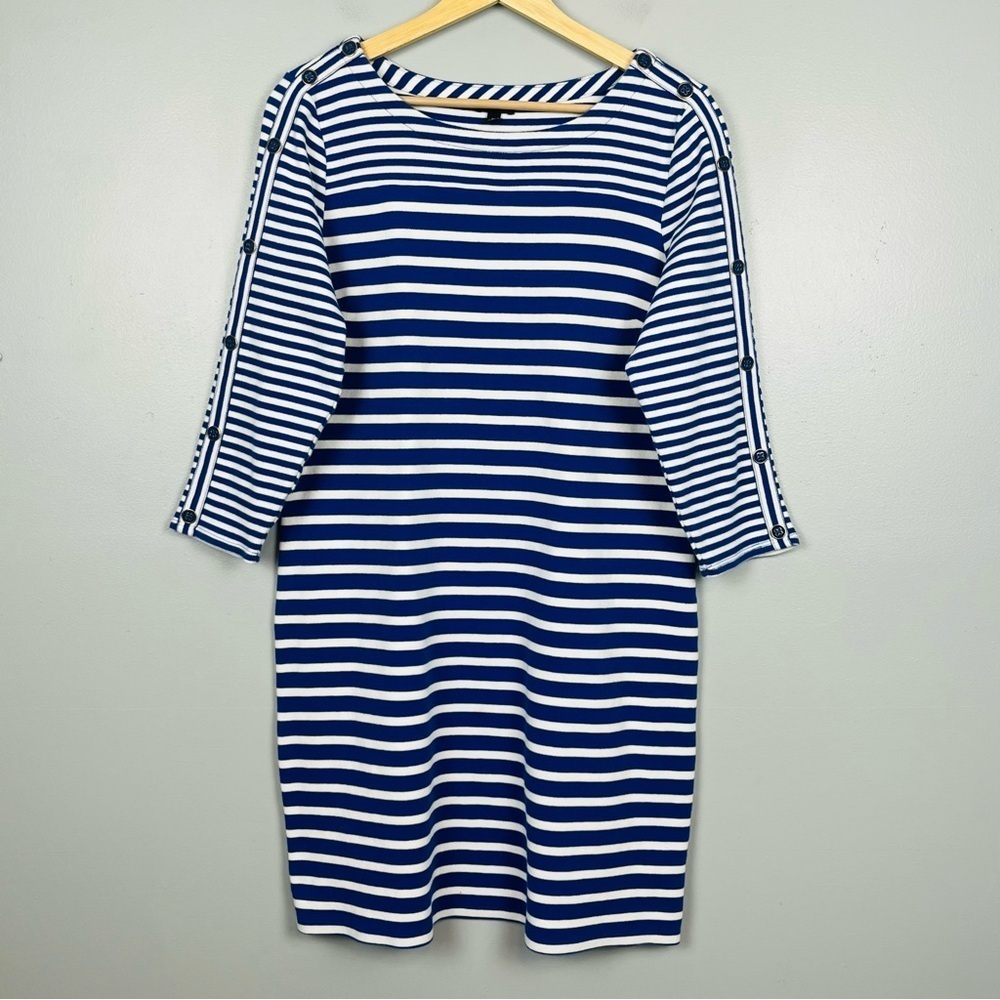 Talbots blue & white stripe 100% cotton 3/4 sleeve nautical sailor dress, medium